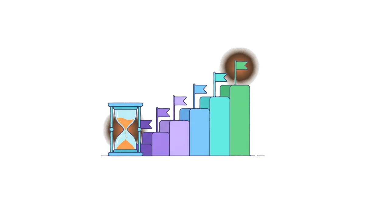 A podium of stepped blocks with a small graded pennant planted on each step, and an hourglass standing beside it with most of its sand already fallen