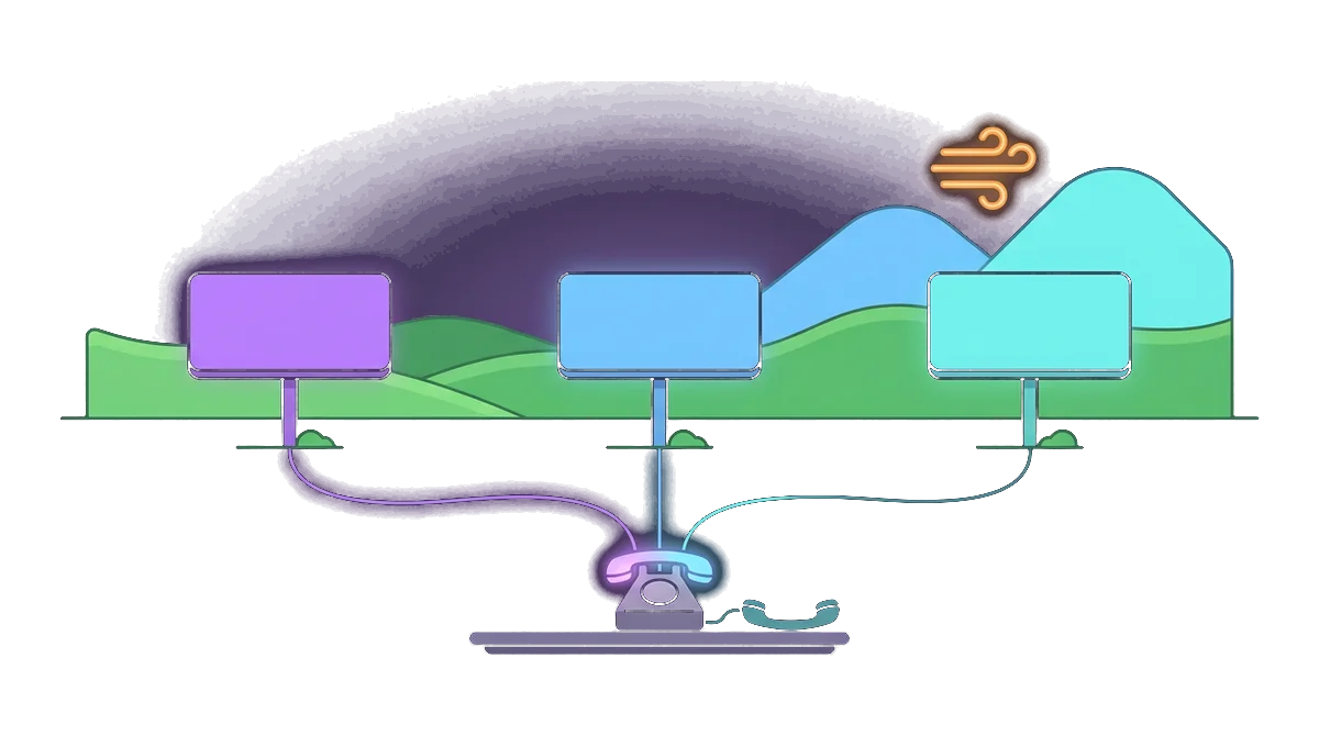 Three colored billboards each running a matching cord down to one telephone, with one cord dimmed and its receiver lying off the cradle