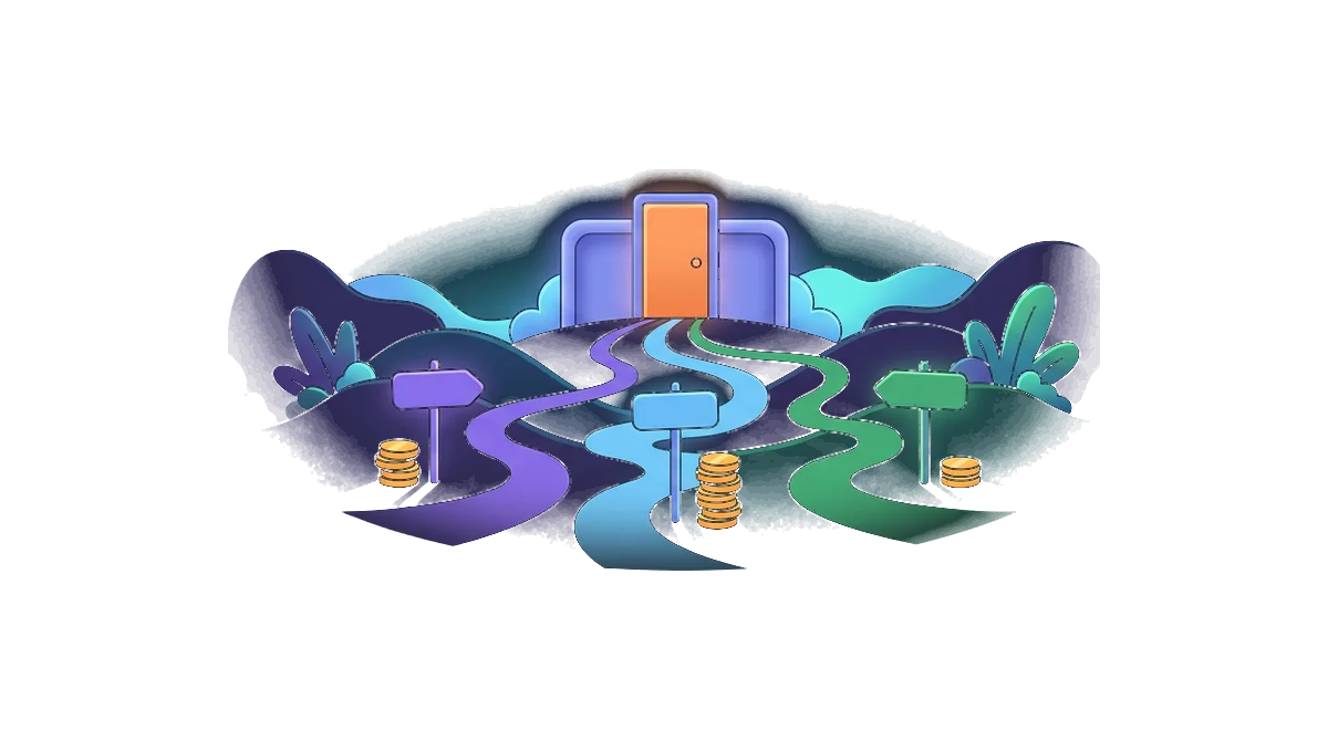 Three colored signposts each with a winding path leading to the same door, and beside each signpost a stack of coins at a different height